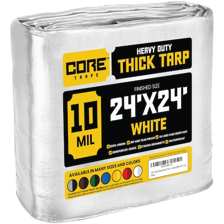 Core Tarps Heavy Duty Tarp, 24 ft L x 0.5 mm H x 24 ft W, 10 Mil, White, Polyethylene CT-604-24X24